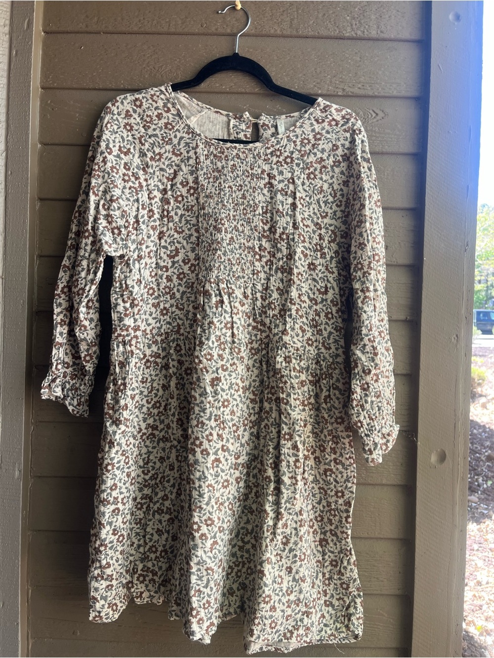 Floral Ivory and Brown Tiered Long-Sleeve Women's Dress